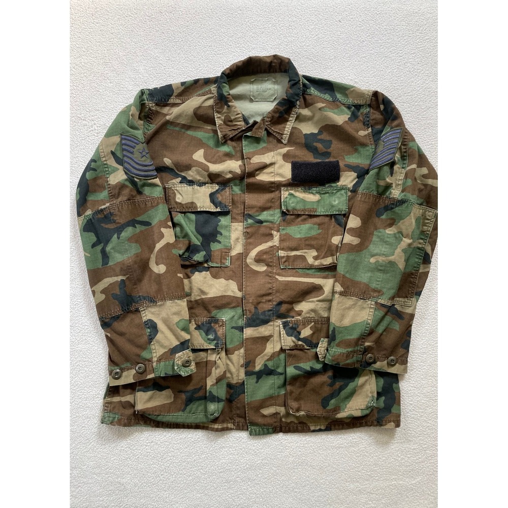 Military Mens Medium Long BDU Field Jacket Camo Woodland Ripstop Air Force Rank